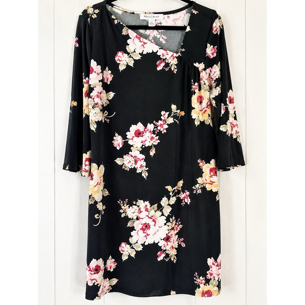 WHBM Black Floral Shift Dress Womens XL Pink Rose Print Knee Length Office